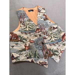 Nadia‎ Tapestry Nature Scene Vest Size L Embroidered Animals Cabin Cottagecore